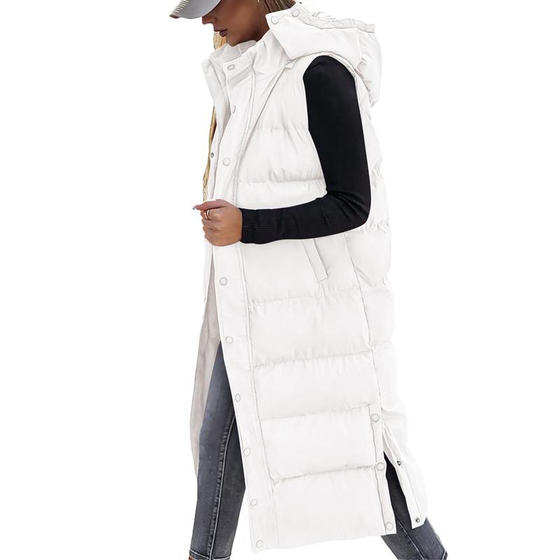Quilted Hood Button Down Closure Long Puffer Vest