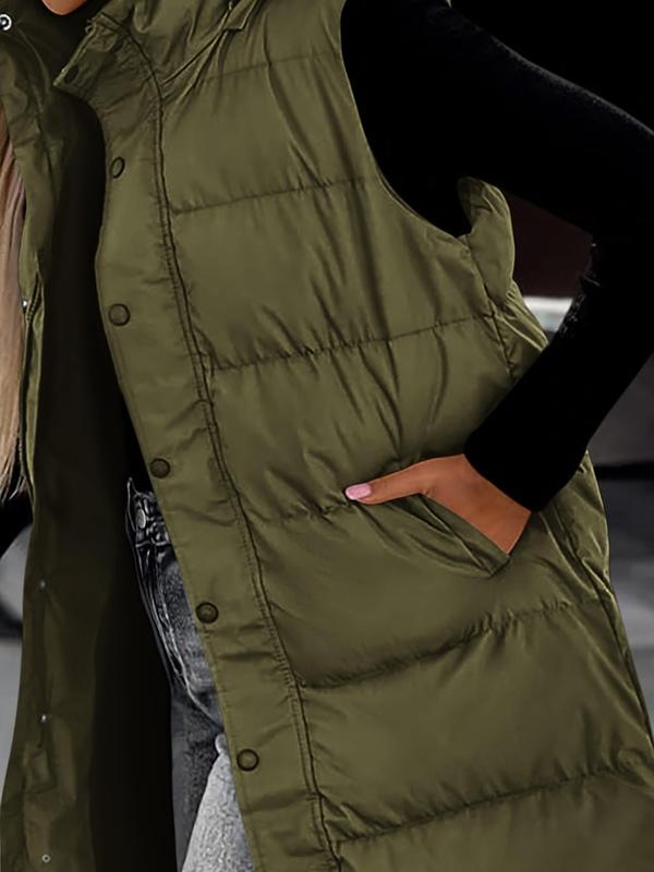 Quilted Hood Button Down Closure Long Puffer Vest
