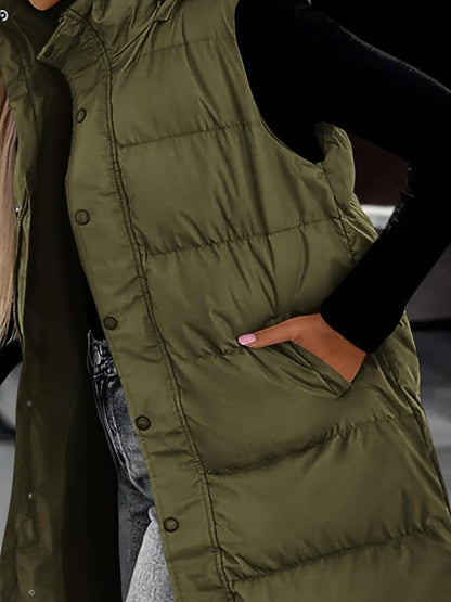 Quilted Hood Button Down Closure Long Puffer Vest