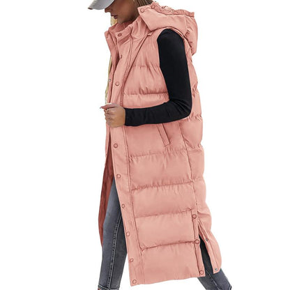 Quilted Hood Button Down Closure Long Puffer Vest