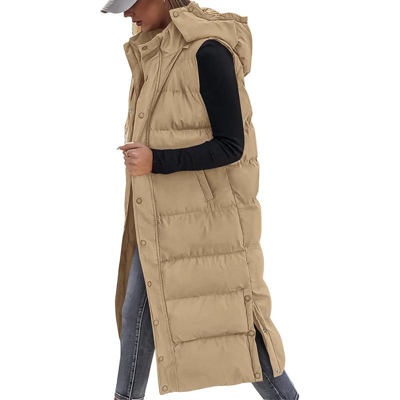 Quilted Hood Button Down Closure Long Puffer Vest