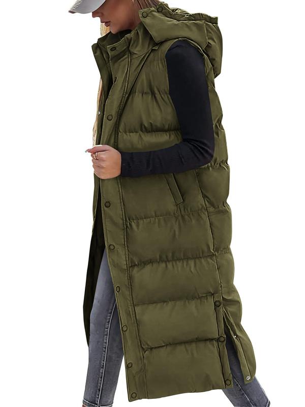 Quilted Hood Button Down Closure Long Puffer Vest