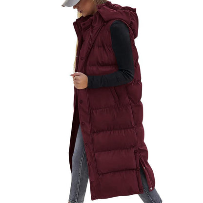 Quilted Hood Button Down Closure Long Puffer Vest