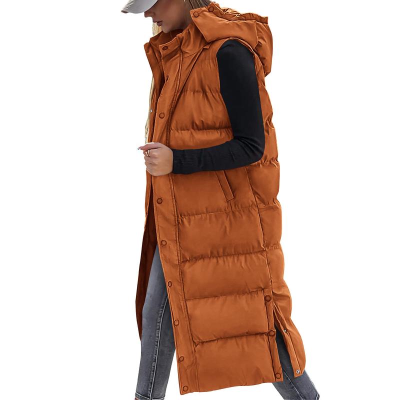 Quilted Hood Button Down Closure Long Puffer Vest