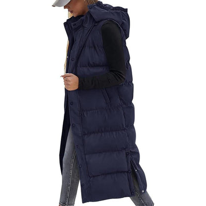 Quilted Hood Button Down Closure Long Puffer Vest