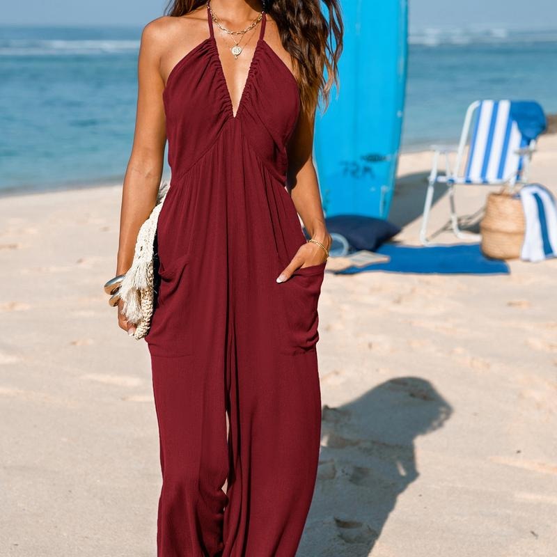 Plunge Halter Sleeveless Pleated Long Romper