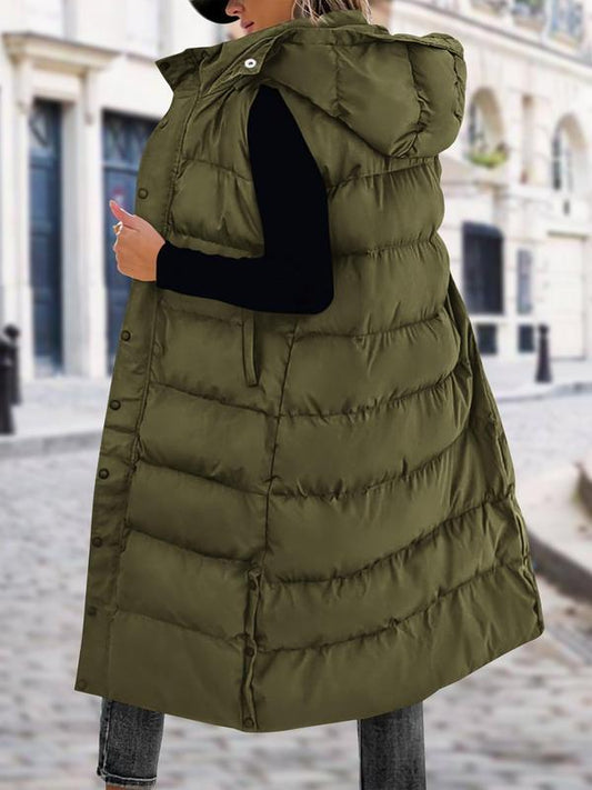 Quilted Hood Button Down Closure Long Puffer Vest