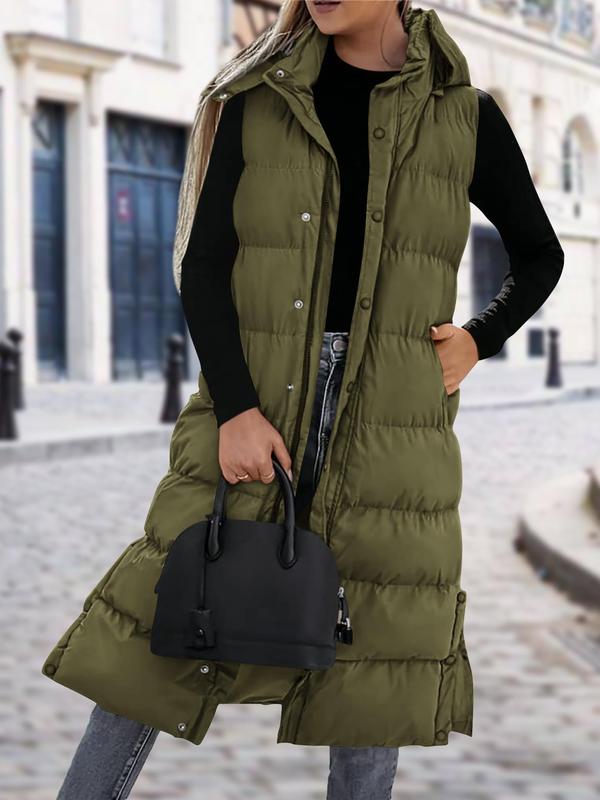 Quilted Hood Button Down Closure Long Puffer Vest