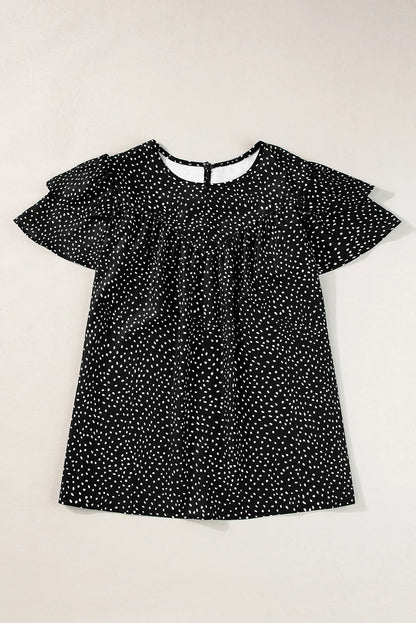Black Dotted Ruffle Sleeve Crew Neck Ruched Blouse