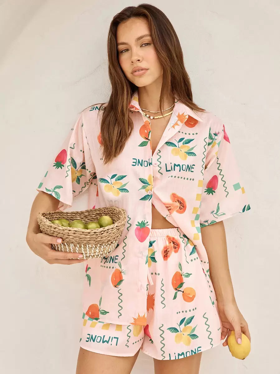 Pant Set Light Pink Casual Printed Street Wear Buttons Polyester