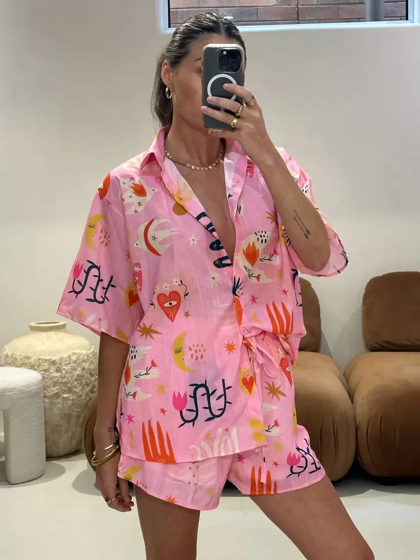 Pant Set Light Pink Casual Printed Street Wear Buttons Polyester