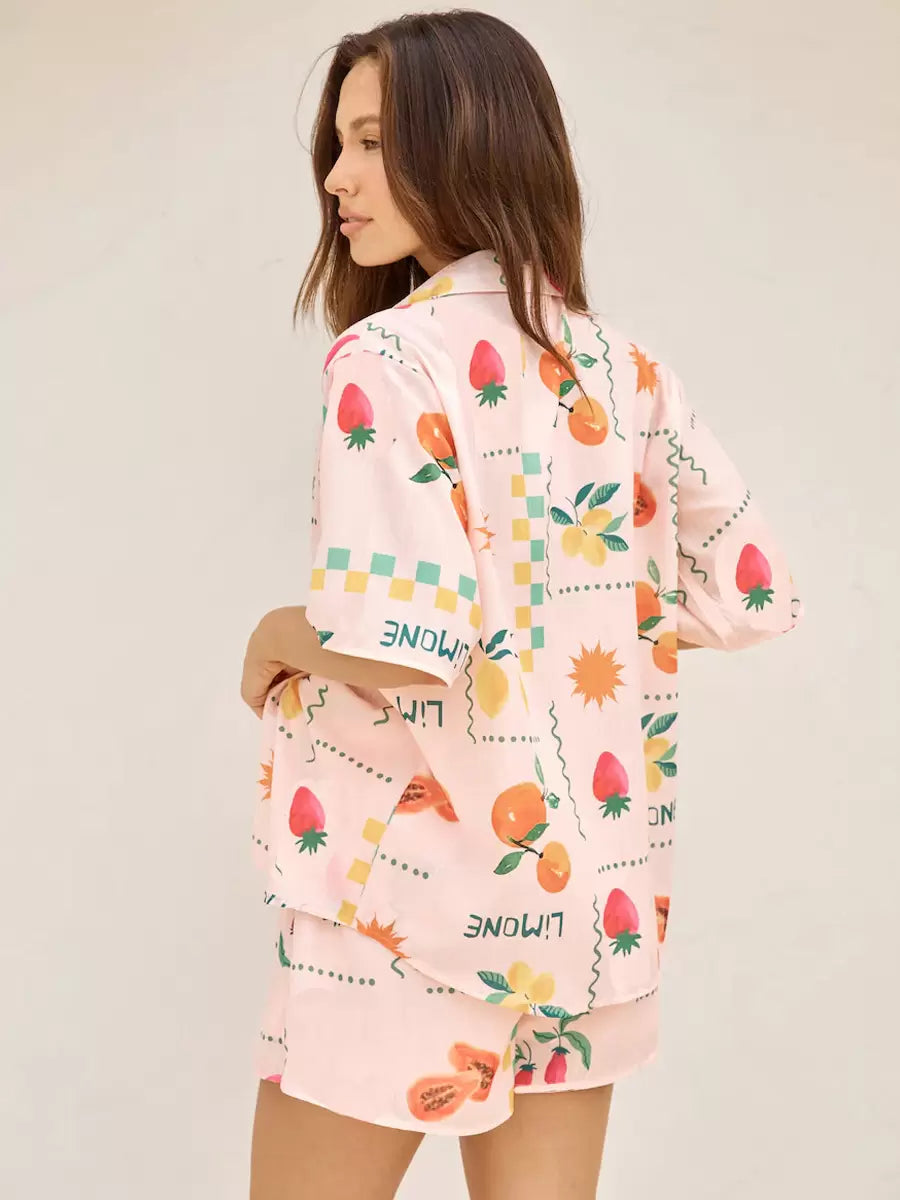 Pant Set Light Pink Casual Printed Street Wear Buttons Polyester