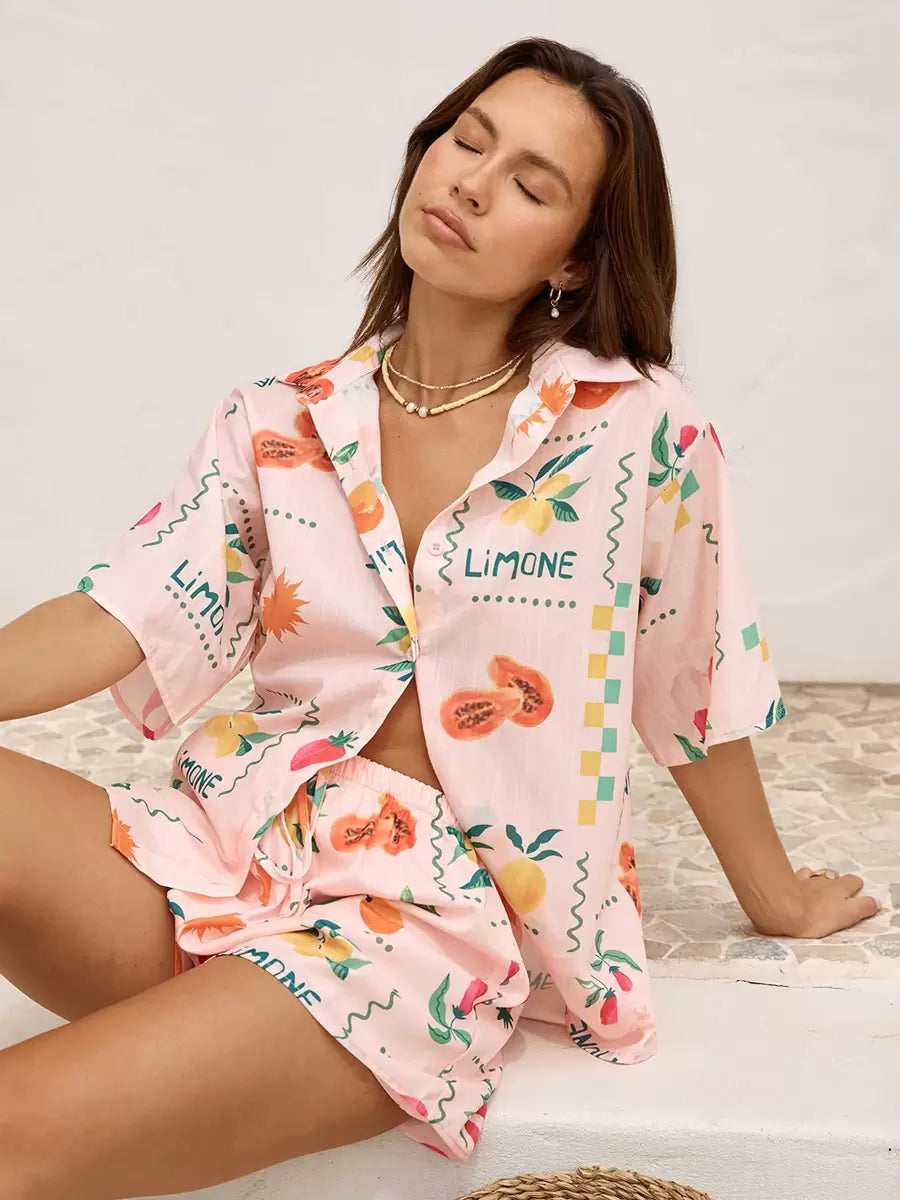 Pant Set Light Pink Casual Printed Street Wear Buttons Polyester