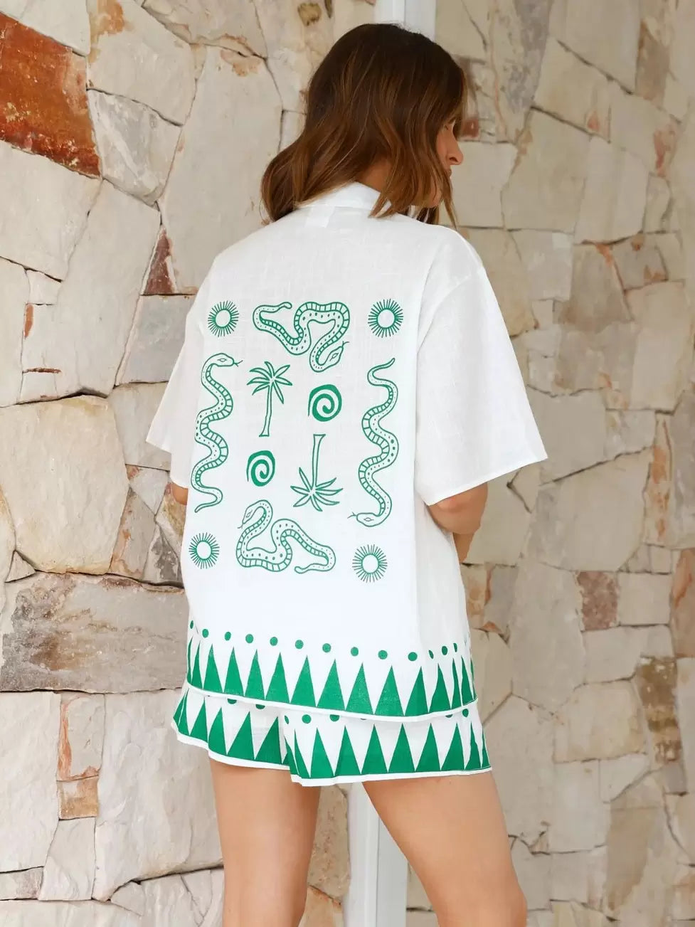 Pant Set Light Pink Casual Printed Street Wear Buttons Polyester