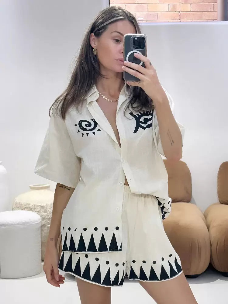 Pant Set Light Pink Casual Printed Street Wear Buttons Polyester