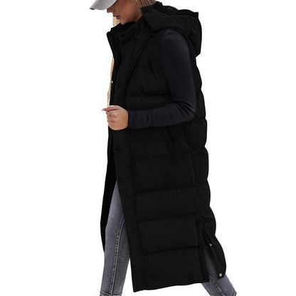 Quilted Hood Button Down Closure Long Puffer Vest