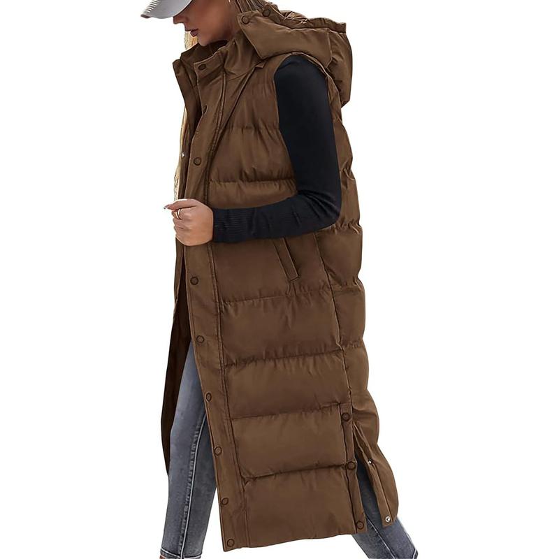 Quilted Hood Button Down Closure Long Puffer Vest