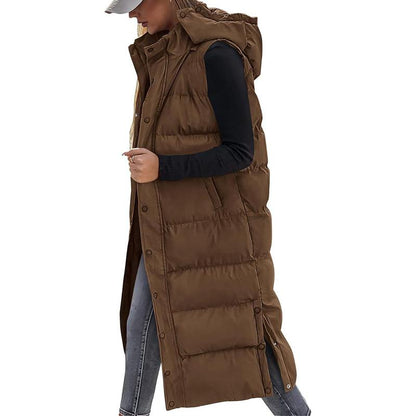 Quilted Hood Button Down Closure Long Puffer Vest