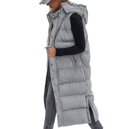 Quilted Hood Button Down Closure Long Puffer Vest